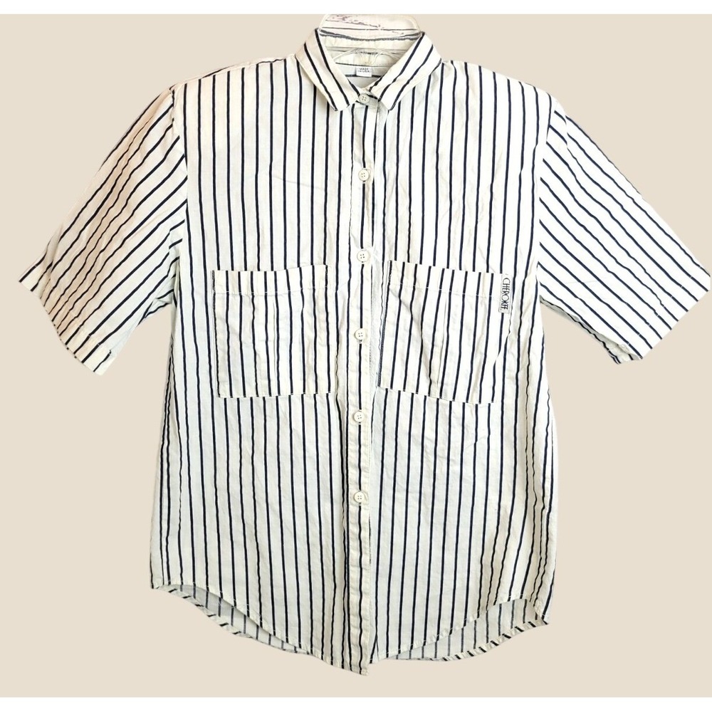 Cherokee Vintage 90s Striped Short Sleeve Button Down Shirt White Navy Blue USA